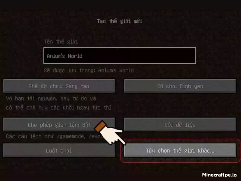 Nhấn Tùy chọn thế giới khác trong Minecraft